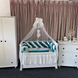 Set 11 piese cu laterale împletite – catifea verde smarald, personalizabil, premium pentru pătuț bebeluși – PeppiBambini