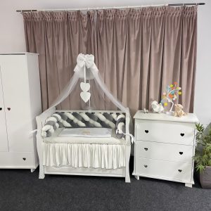 Set 11 piese cu laterale împletite – catifea Grey și bumbac natural, personalizabil, premium pentru pătuț bebeluși – PeppiBambini