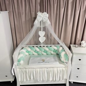 Set 11 piese cu laterale împletite – catifea Mint și bumbac natural, personalizabil, premium pentru pătuț bebeluși – PeppiBambini