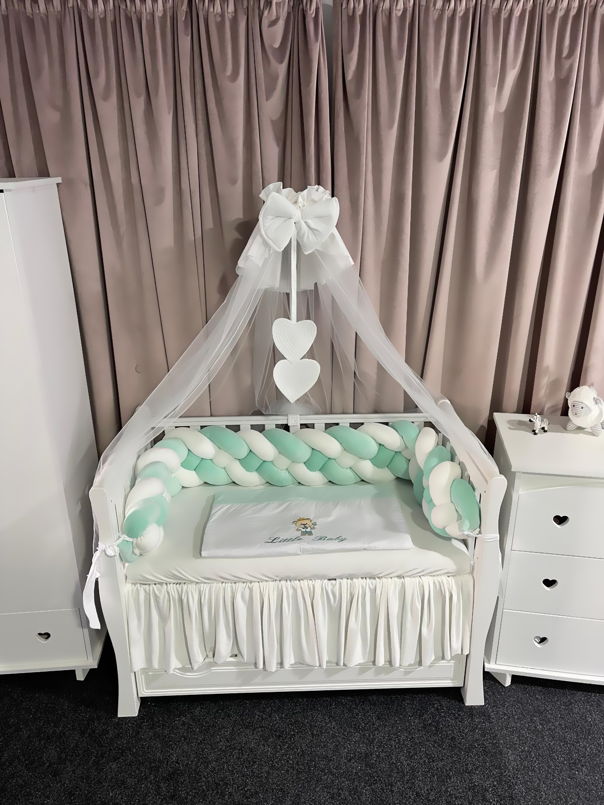 Set 11 piese cu laterale împletite – catifea Mint și bumbac natural, personalizabil, premium pentru pătuț bebeluși – PeppiBambini