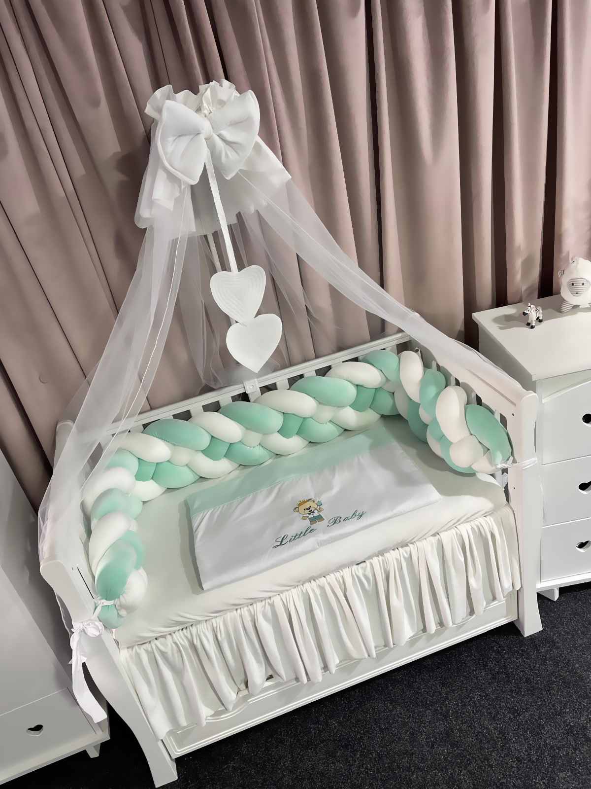 Set 11 piese cu laterale împletite – catifea Mint și bumbac natural, personalizabil, premium pentru pătuț bebeluși – PeppiBambini - imagine 4