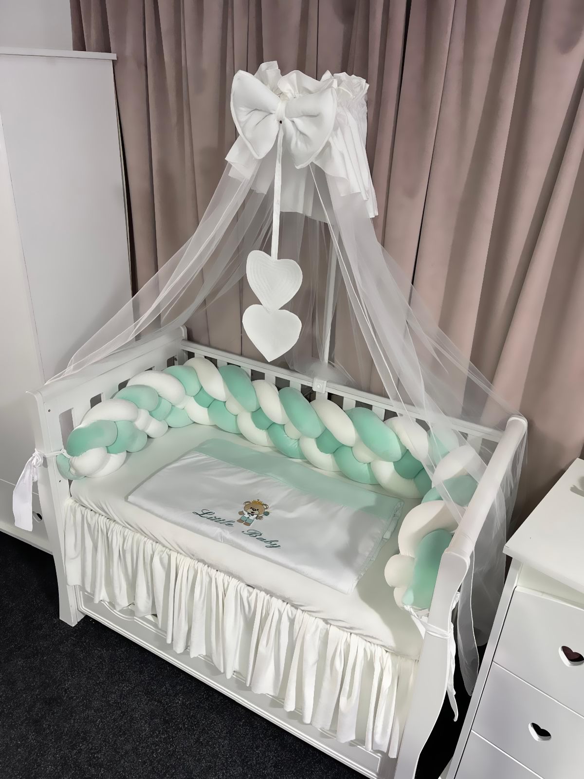 Set 11 piese cu laterale împletite – catifea Mint și bumbac natural, personalizabil, premium pentru pătuț bebeluși – PeppiBambini - imagine 3