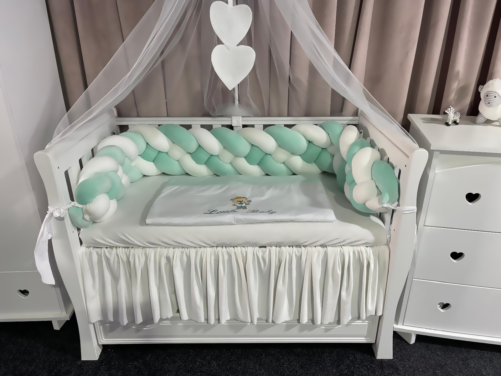 Set 11 piese cu laterale împletite – catifea Mint și bumbac natural, personalizabil, premium pentru pătuț bebeluși – PeppiBambini - imagine 2