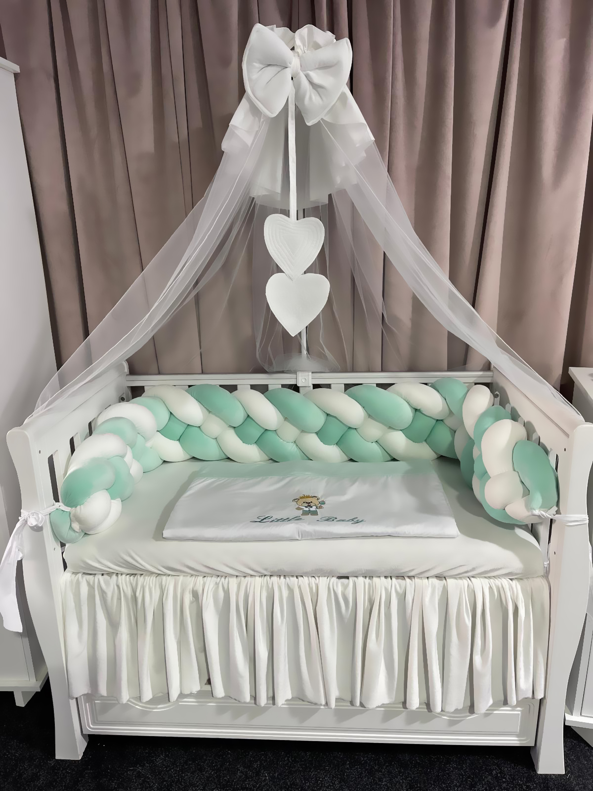 Set 11 piese cu laterale împletite – catifea Mint și bumbac natural, personalizabil, premium pentru pătuț bebeluși – PeppiBambini - imagine 10