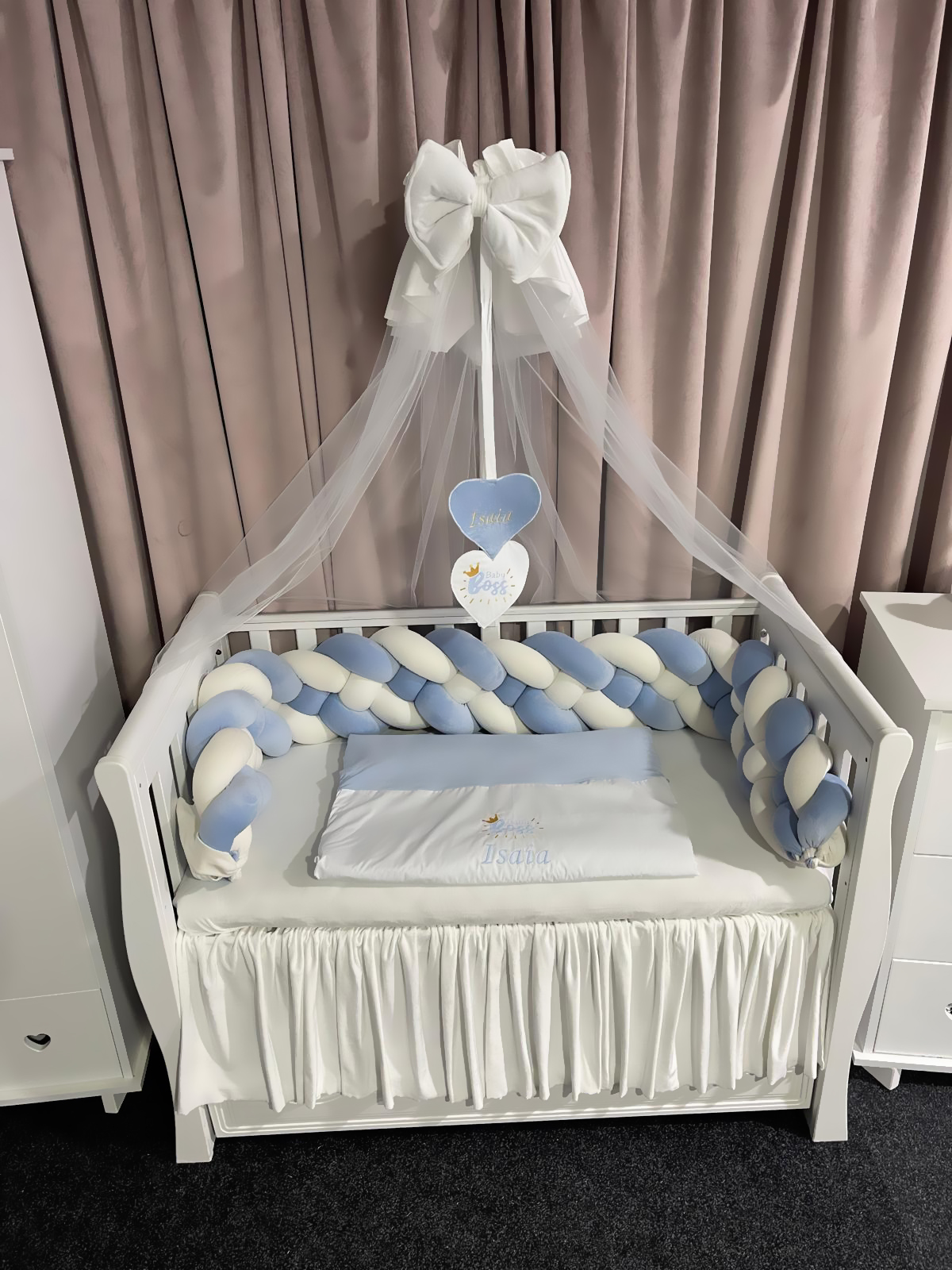 Set 11 piese cu laterale împletite – catifea Blue, lenjerie pătuț premium, personalizabilă pentru bebeluși – PeppiBambini - imagine 3