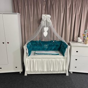 Set 11 piese Royal Catifea Verde Smarald – lenjerie pătuț premium, personalizabilă, din catifea moale pentru bebeluși – PeppiBambini
